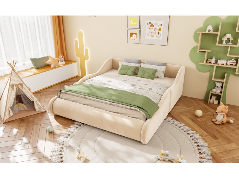  Lit enfant 140x200 cm beige velours avec tête de lit haute et barrières de sécurité sommier inclus Sol Morn - Conforama D