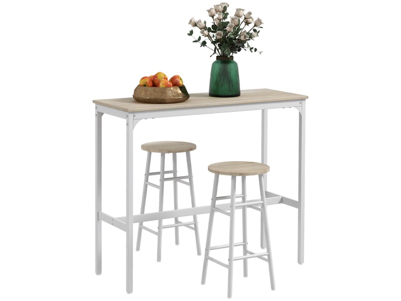  Ensemble table haute et deux tabourets de bar avec repose-pieds, style industriel, blanc et chêne.  - Conforama A