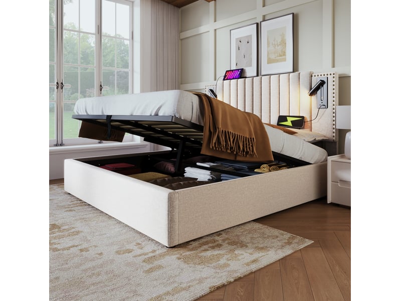  Lit double 140 x 200 cm avec rangement, tête de lit réglable, liseuses et ports usb, beige  - Conforama D