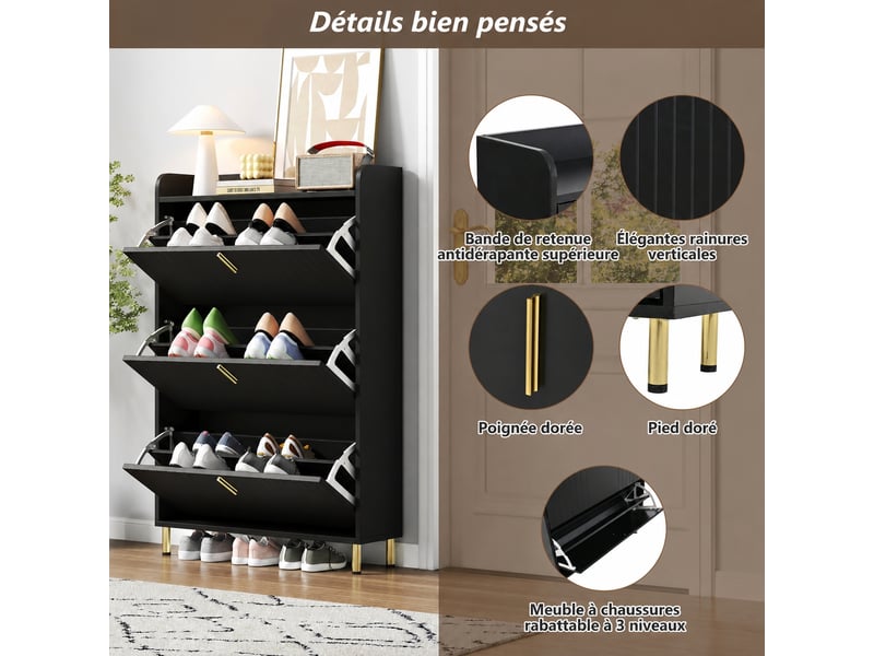 Meuble à chaussures étroit 3 abattants, 6 compartiments, 80 x 23,5 x 123,5 cm, noir mat - Conforama B