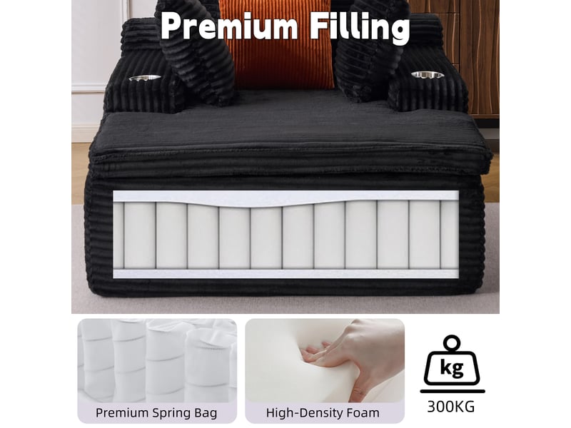  Méridienne pliable en mousse haute densité avec porte-gobelets  - coussins, velours côtelé noir  - Conforama E
