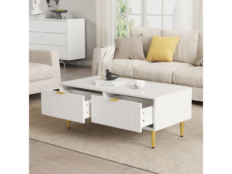 Table basse blanche et dorée, 2 tiroirs rainurés, étagère, 100 x 50 x 40 cm, blanc et doré - Conforama D