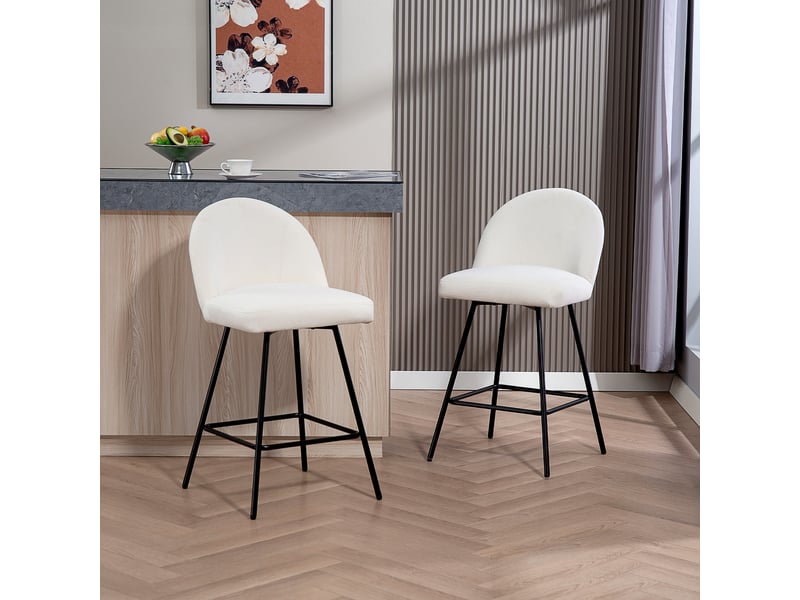  Ensemble de 2 tabourets de bar avec dossier en velours et repose-pieds en acier, blanc crème  - Conforama C