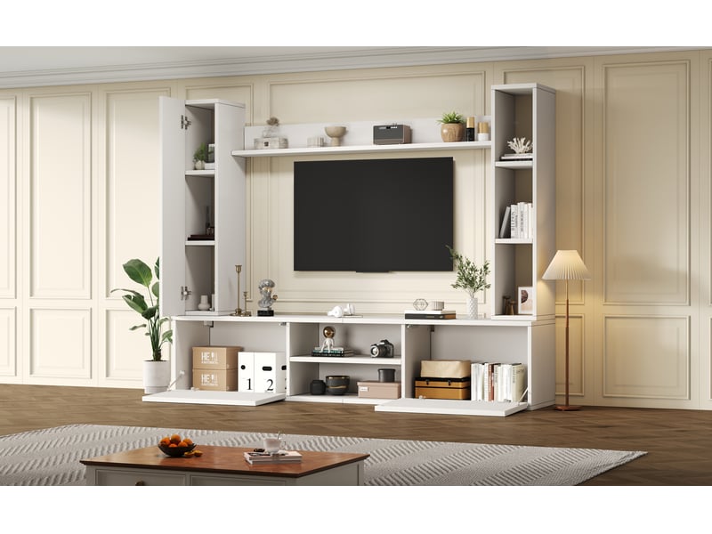  Ensemble de meubles tv 180x35x33.5 cm avec vitrines 4 pièces, étagère sur pied et 2 étagères murales, meuble multimédia comprenant  - Conforama E
