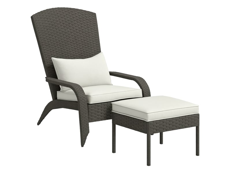  Chaise de jardin avec repose-pieds et coussins rembourrés, en rotin et acier, 64 x 82 x 89 cm, gris et crème  - Conforama A