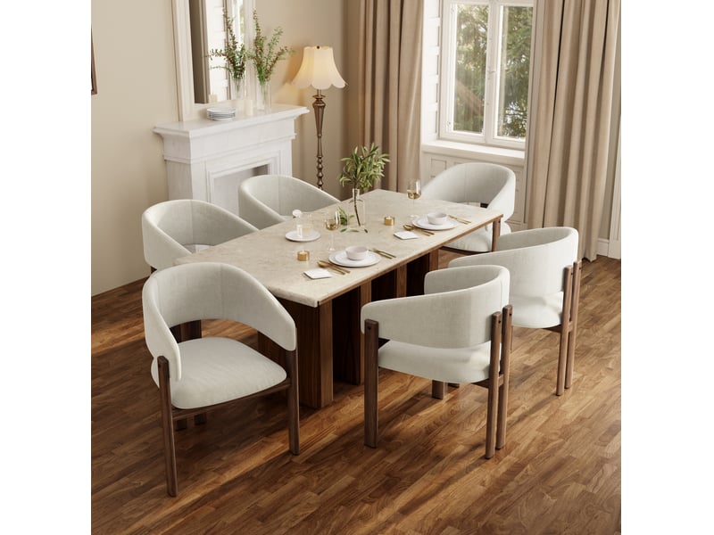  Lot de 6 chaises de salle à manger 61,5x52,5x83 cm, avec accoudoirs, tissu lin, métal, teinte noyer+beige, design moderne  - Conforama B