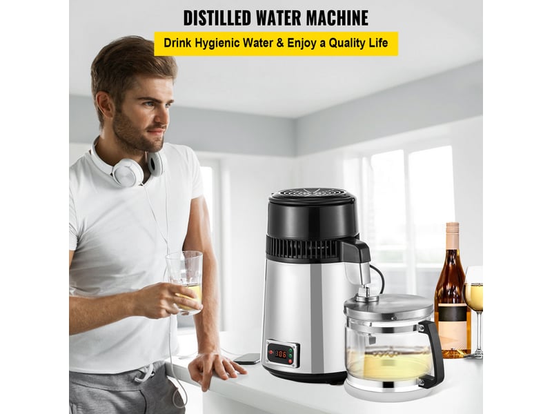 Vevor distillateur d'eau en acier inoxydable 750w, 4l, avec bouteille en verre. Pour eau pure.