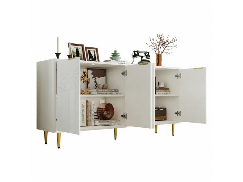Buffet blanc 4 portes rainurées, poignées dorées brossées, étagères réglables, 160 x 40 x 80 cm - Conforama A