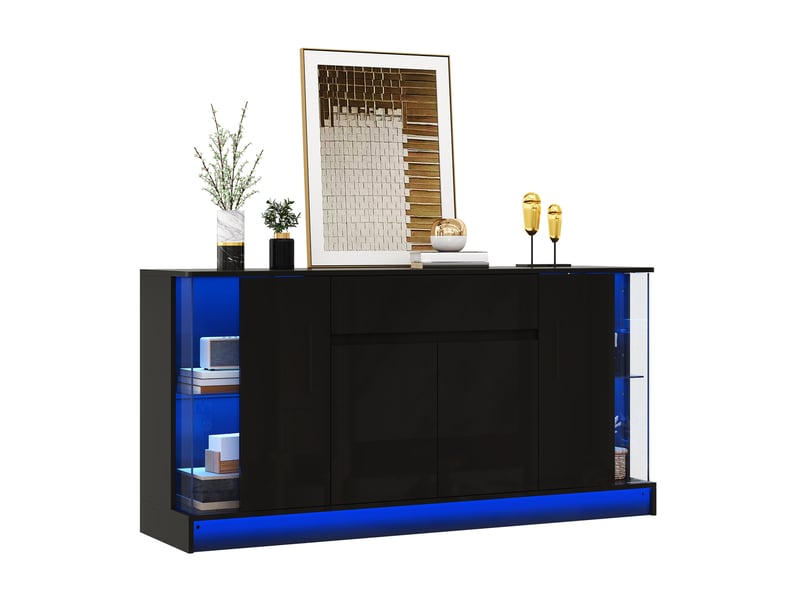  Buffet bas 150x40x75 cm avec 4 portes et 1 tiroir de rangement, led, panneau de particules, coloris noir, style moderne  - Conforama A