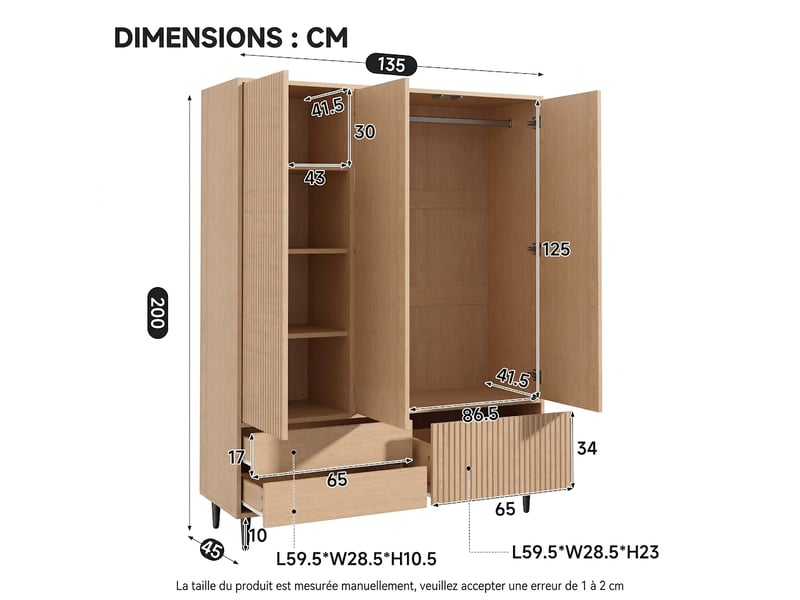  Armoire blanche étroite 50x30x200 cm penderie avec 2 tiroirs et barre 30 kg  - Conforama W
