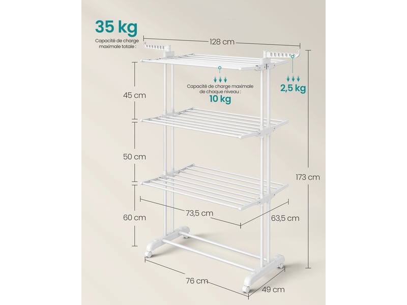  Séchoir à linge mobile pliable 63,5 x 128 x 173 cm grande capacité avec roulettes intérieur extérieur en acier blanc 12_0010770  - Conforama B