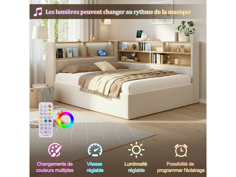  Lit banquette avec coffre 140x190 cm, rangement hydraulique, led, usb et usb-c, tête de lit avec étagères, sommier à lattes, velours, beige  - Conforama E