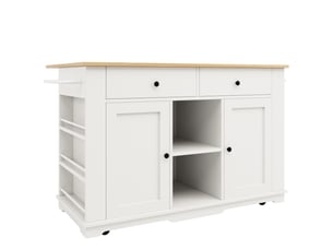 Îlot de cuisine blanc et naturel 151,5 × 59,784,7 × 91,7 cm en mdf et métal, prise intégrée, 2 tiroirs et rangements