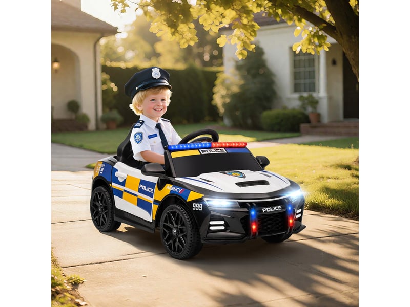 Voiture électrique de police enfant 12v, double moteur, télécommande, usb, mp3, musique & klaxon, multicolore - Conforama D