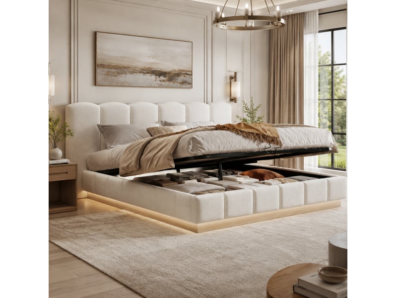 Lit coffre modenvie 180 x 200 cm avec led, sommier à lattes, tête de lit, tissu bouclé blanc - Conforama B