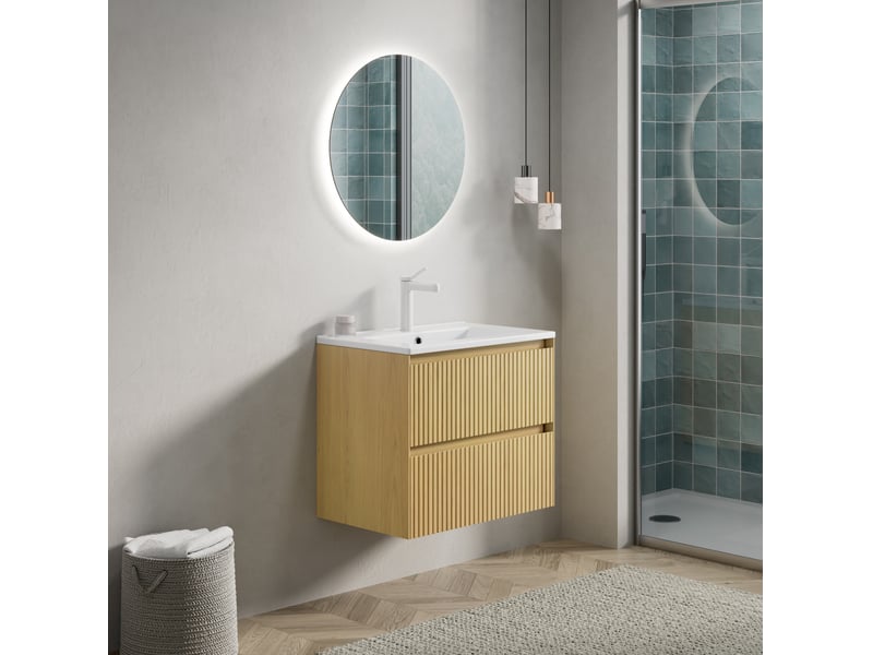  Meuble sous vasque suspendu avec 2 tiroirs et vasque en céramique, pour salle de bain, chêne doré et blanc, 61 cm  - Conforama C