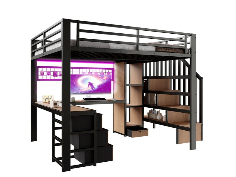  Lit mezzanine 140x200 cm avec bureau led et 4 tiroirs lit enfant avec étagères et échelle en métal et mdf noir BUYDEEMEUS - Conforama A