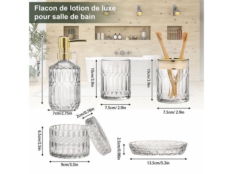  Ensemble salle de bain 5 pièces en verre transparent taillé diamant, distributeur de savon et accessoires assortis  - Conforama C