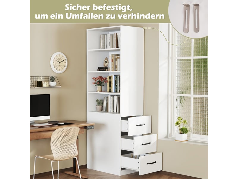 Bibliothèque extra-étroite 180 cm tiroirs latéraux étagères réglables réversibles gauche droite petits espaces buffet armoire haute salon  - Conforama E