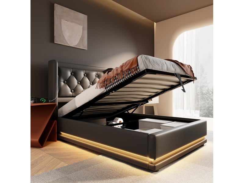  Lit coffre 90x200 cm avec usb type-c et led 3 côtés polyuréthane (pu) noir sans matelas  - Conforama E