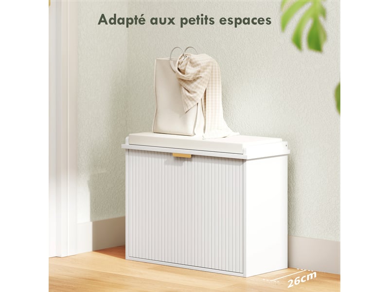Banc à chaussures avec coussin d'assise rembourré et tiroir rabattable pour couloir, chambre, blanc, 62 x 26 x 47,5 cm - Conforama A