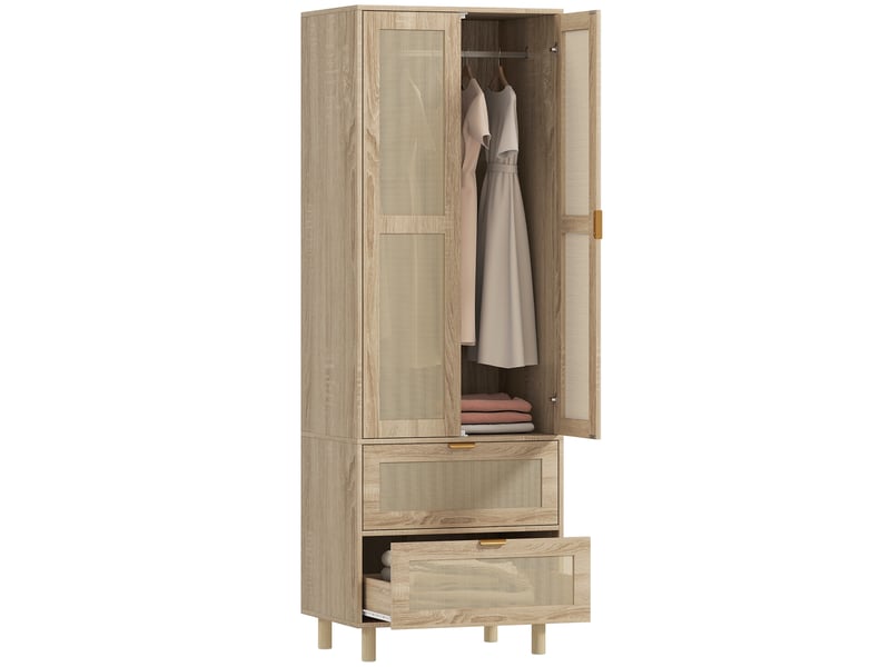  Armoire chambre penderie avec 2 portes en rotin, 2 tiroirs et barre de suspension, 63 x 47 x 185 cm, bois naturel  - Conforama A