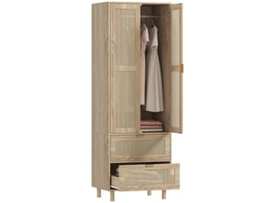 Armoire chambre penderie avec 2 portes en rotin, 2 tiroirs et barre de suspension, 63 x 47 x 185 cm, bois naturel