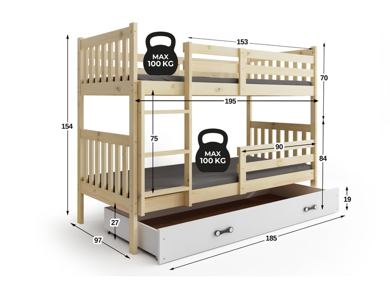  Lit superposé séparable 90x190 cm kacper interbeds - bois massif de pin avec barrière, sommier et tiroir – pin naturel  - Conforama C