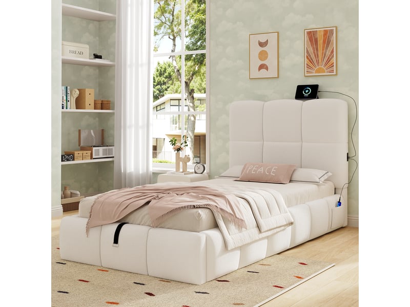  Lit enfant 90x200 coffre avec rangement tissu bouclette beige port usb intégré  - Conforama B