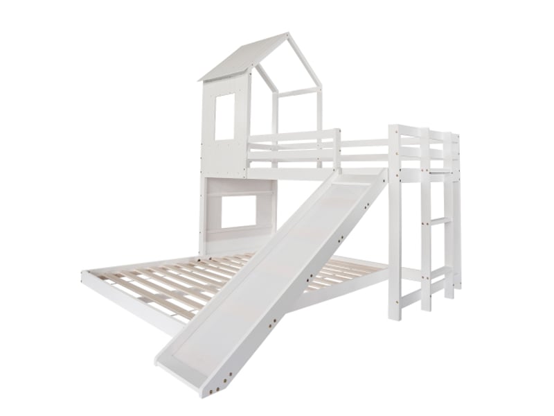 Lit superposé enfant  90x200 cm, lit cabane avec toboggan, barrière antichute et échelle, en bois, blanc, sans matelas  - Conforama E