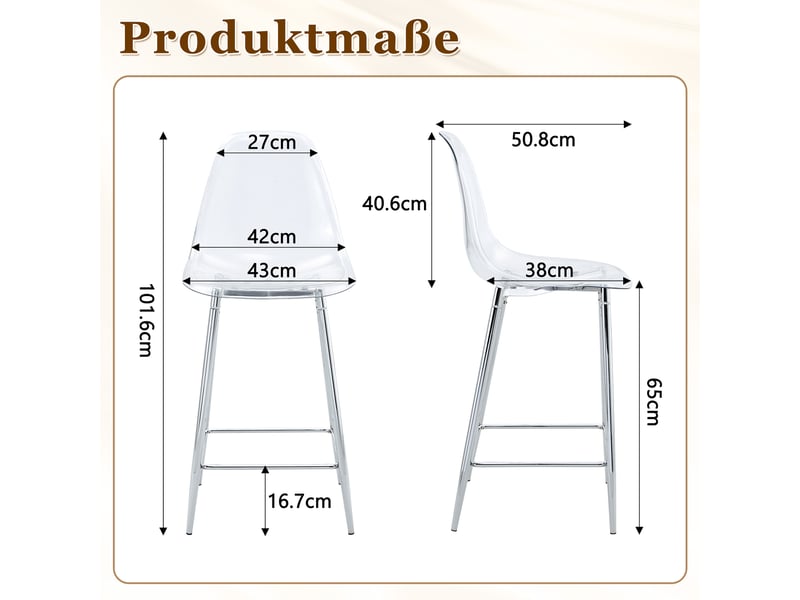  Tabouret de bar transparent avec repose-pieds, structure métallique et style moderne, en plastique argent  - Conforama E