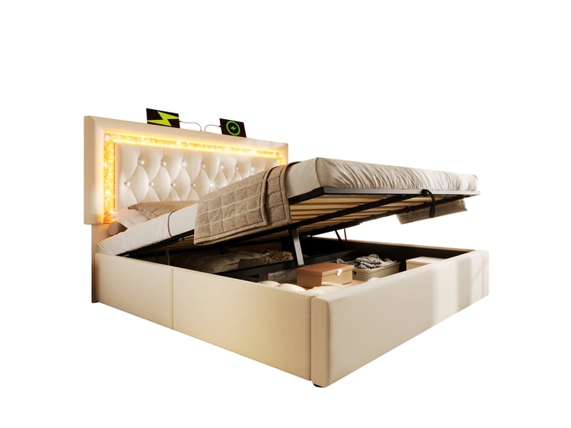  Lit coffre 2 places 160x200 cm, beige, matelas inclus, usb et type-c, en velours doté de led intégré  - Conforama A