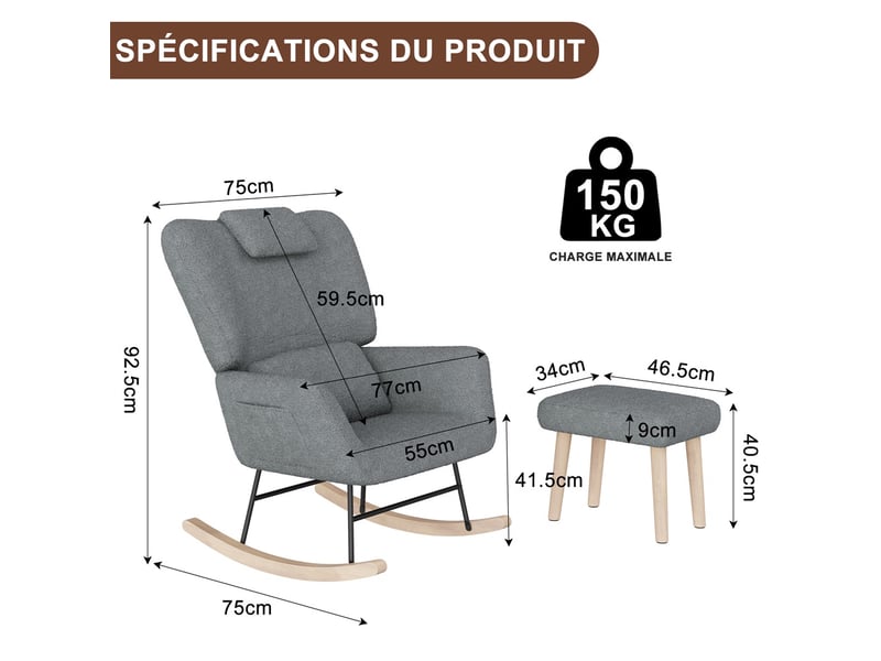  Fauteuil à bascule avec repose-pieds - 75x75x92,5 cm - rocking chair ergonomique en laine d'agneau et cadre métal - gris  - Conforama E
