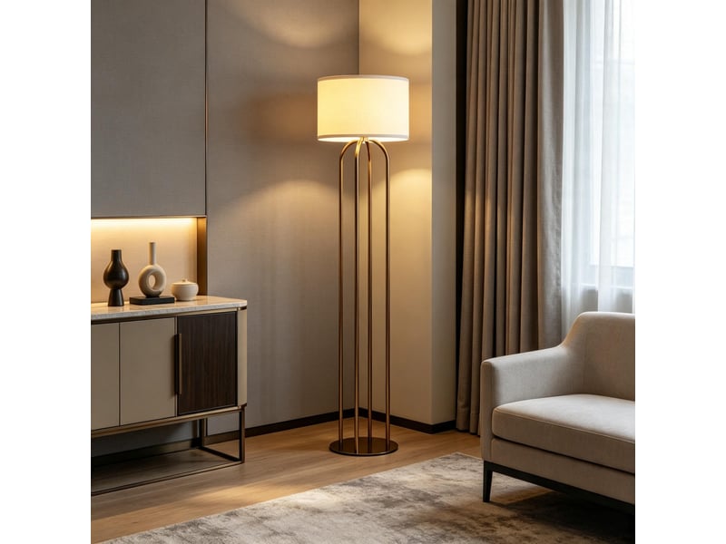  Lampadaire de salon chic 4 colonnes métal doré abat-jour tambour lin beige interrupteur pied e27  - Conforama C
