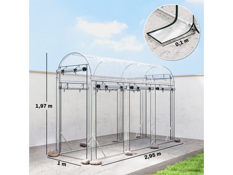  Serre tunnel de jardin 3 m², serre de jardin, cadre en acier galvanisé, 8 portes roulantes, 295x100x197cm, transparent  - Conforama E