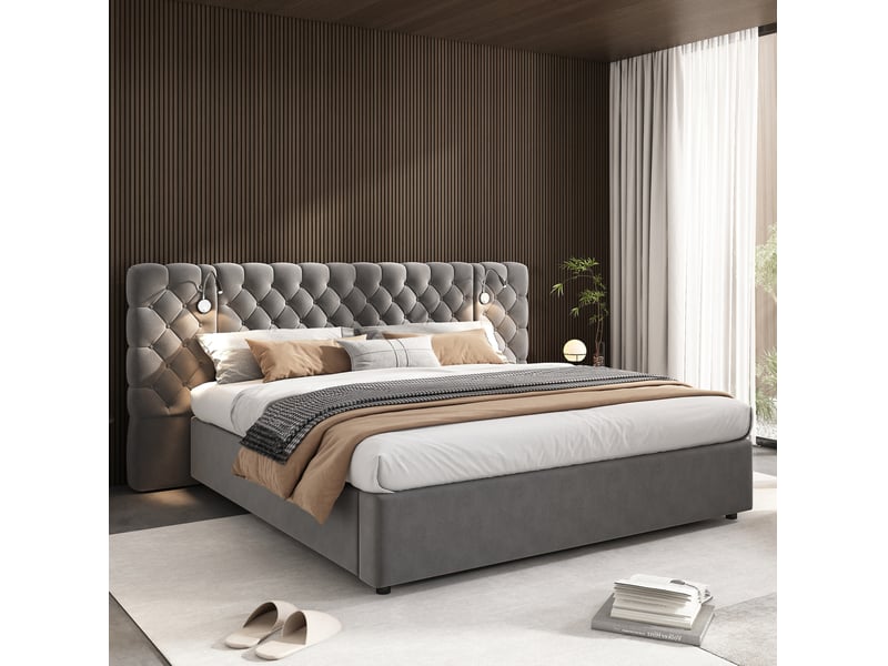  Modenvie lit coffre 180x200 cm - rangement hydraulique, tête de lit en velours, sans matelas - gris  - Conforama D