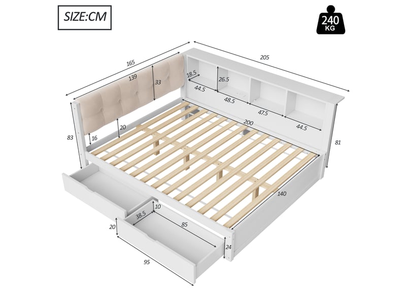  Lit de jour 140x200 en pin massif avec tiroirs, étagères et led  - Conforama C