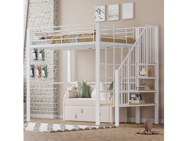  Lit mezzanine 140x200 cm, escalier sécurisé, rangement sous le lit spacieux, métal robuste, bois et métal, blanc sans matelas  - Conforama D
