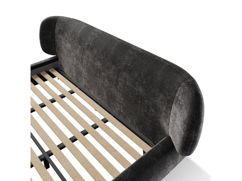  Lit rembourré 180 × 200 cm 2 places avec tête de lit, sommier et coins arrondis, sans matelas, chenille gris  - Conforama E
