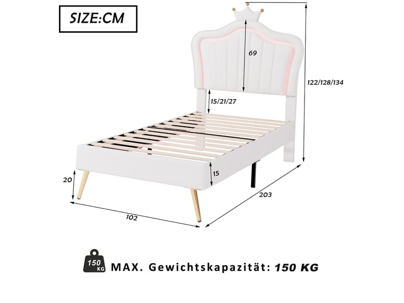 Lit enfant rembourré 90 x 200 cm avec led, tête de lit coquillage et couronne, similicuir blanc Fay Lum - Conforama C