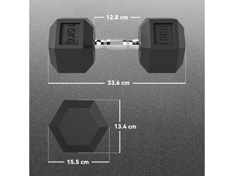  Lot de 2 haltères hexagonales de 15 kg avec poignée antidérapante, acier et caoutchouc, ø 15,5 x 33,6 cm, noires  - Conforama E