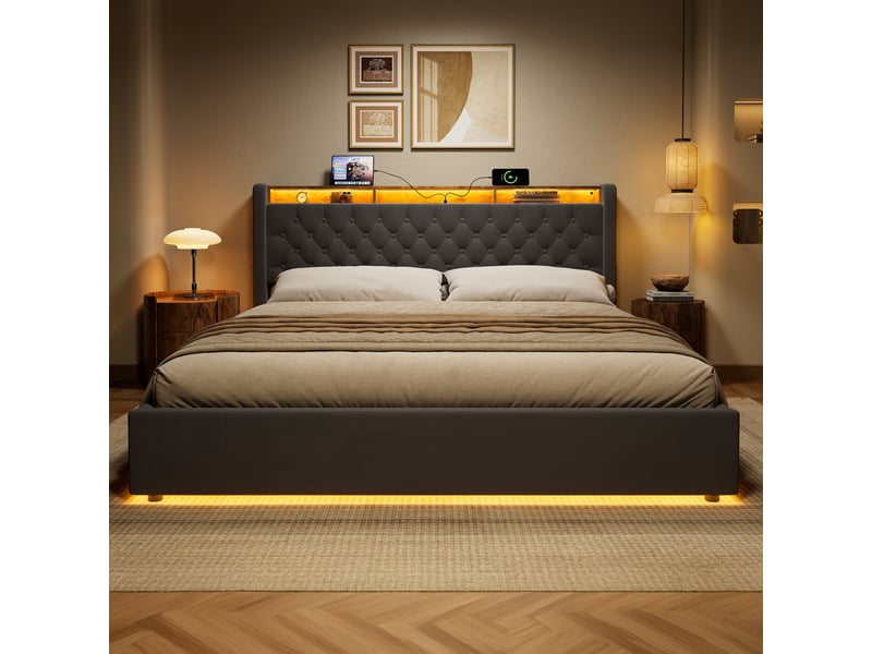  Lit double 180x200 cm avec rangement sous le lit et tête de lit avec étagère gris foncé homvra  - Conforama D