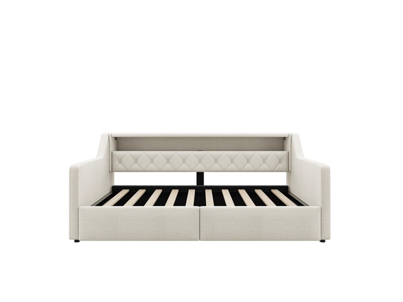  Lit coffre 90x200 cm, lit enfant, couchage d'appoint, rangement hydraulique, led, usb et usb-c, lin beige  - Conforama B