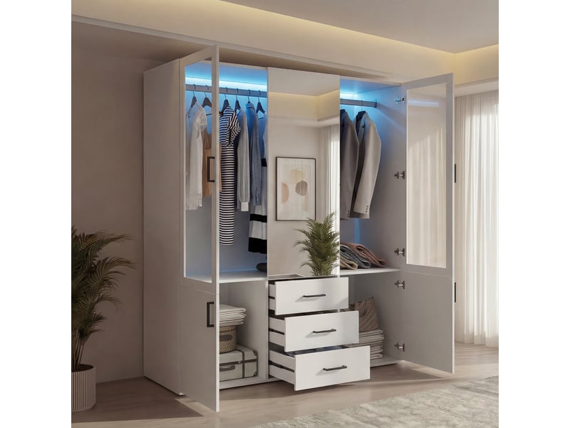 Armoire de chambre - 130x51,8x181,5cm - meuble de rangement avec 3 portes, miroir central et éclairage led - blanc  - Conforama C