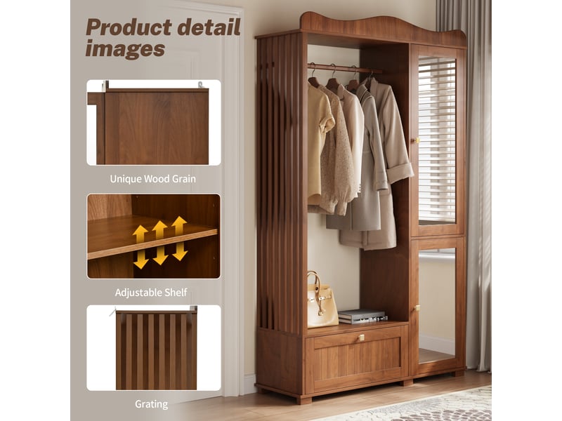  Armoire-penderie avec miroir 2 portes 1 tiroir mdf coloris noyer 115.5x38.5x194.5 cm GL4112N - Conforama E