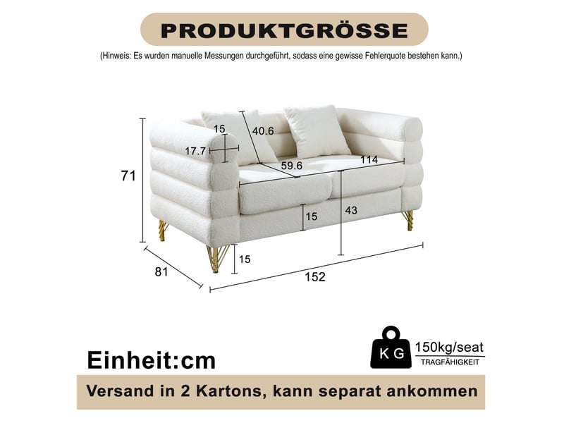 Canapé 2 places forme nuage en tissu teddy blanc avec pieds en métal doré  - Conforama C