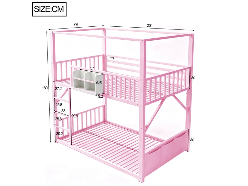 Lit superposé métal 90x200 cm pour enfant et ado, structure simple gain de place avec toit, lit superposé moderne rose - Conforama C