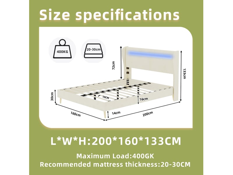 Lit adulte 160x200 cm en tissu beige avec tête de lit led réglable - Conforama C