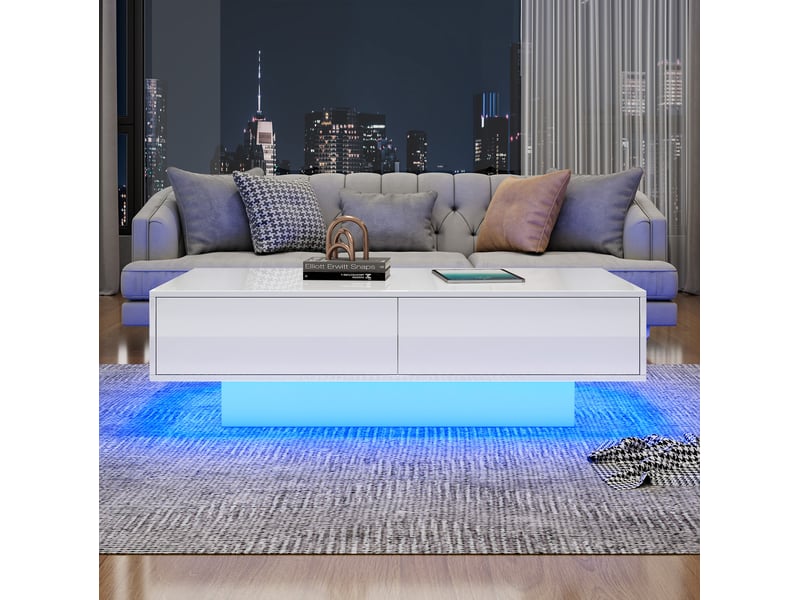  Table basse moderne laquée 115x55x34cm éclairage led intégré 2 tiroirs fini laqué brillant panneau de particules blanc  - Conforama B