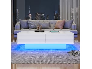 Table basse moderne laquée 115x55x34cm éclairage led intégré 2 tiroirs fini laqué brillant panneau de particules blanc